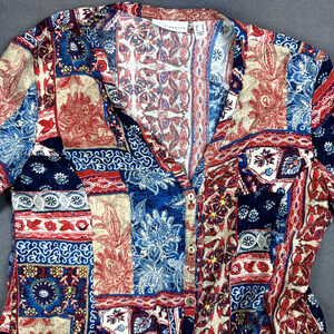 Susan Graver Shirt Womens Small Button Up Blue Floral Paisley V Neck 3/4 Sleeve